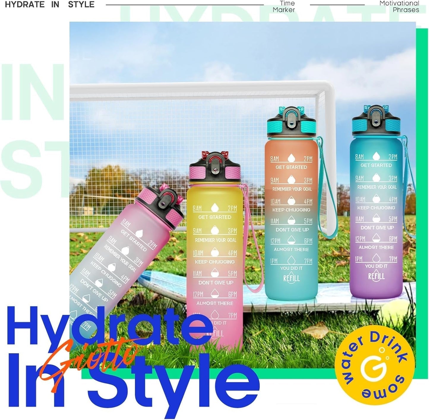 32Oz Large Leakproof BPA Free Drinking Water Bottle with Time Marker and Straw to Ensure You Drink Enough Water Throughout the Day for Fitness and Outdoor Enthusiasts