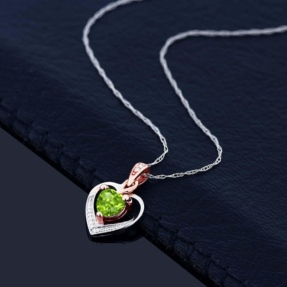 10K White and Rose Gold 5MM Peridot and Diamond Heart Shape Pendant Necklace for Women (0.50 Cttw, Gemstone Birthstone, with 18 Inch Chain)