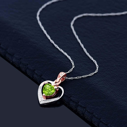 10K White and Rose Gold 5MM Peridot and Diamond Heart Shape Pendant Necklace for Women (0.50 Cttw, Gemstone Birthstone, with 18 Inch Chain)