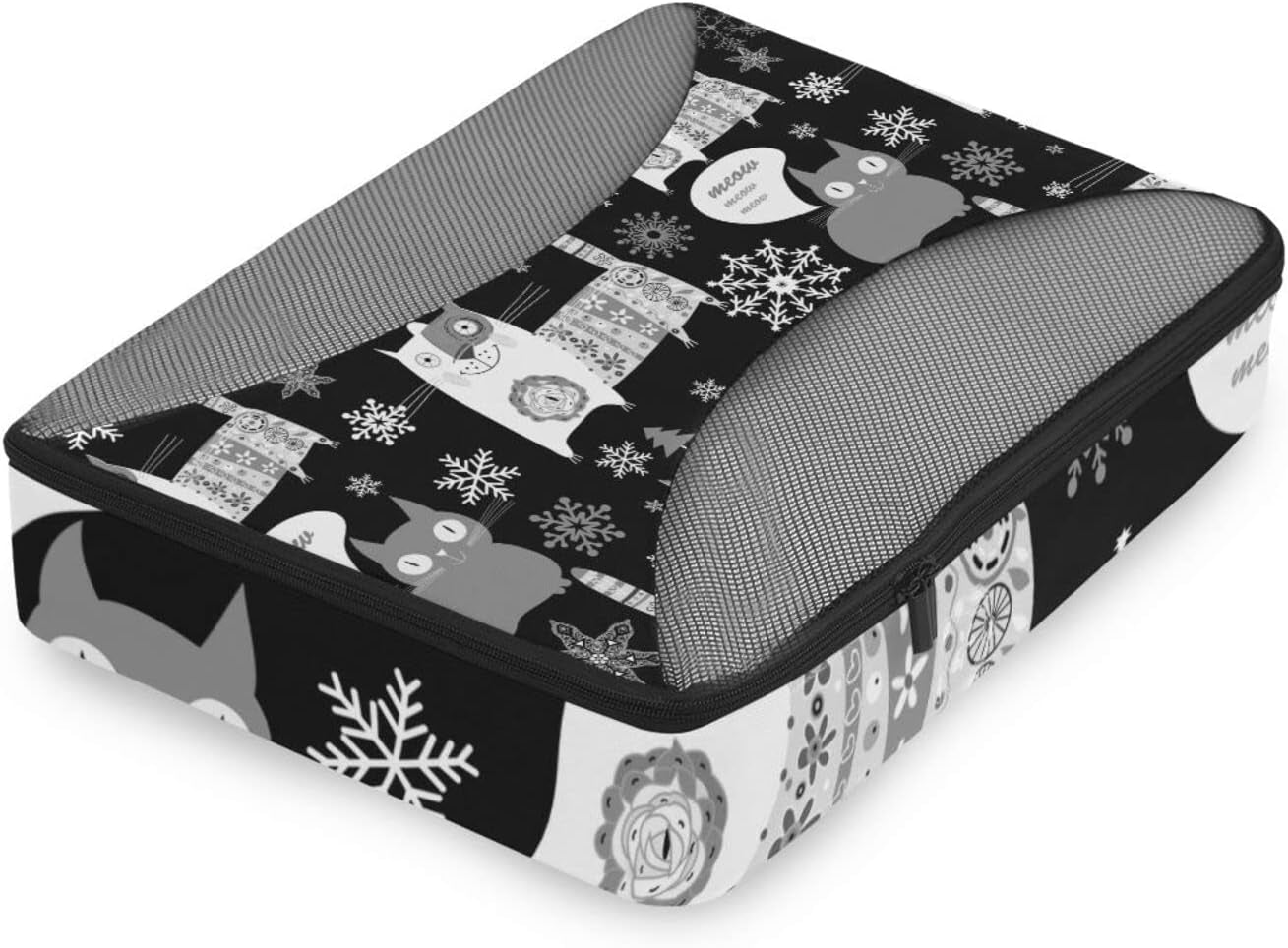 Seamless Retro Russian Cat Snowflakes on Black Happy New Year 4 Pcs Set Packing Bags, Luggage Organizer Bag, Portable Cube Toiletry Bag, Durable Travel Cosmetic Storage Bag for Men Women