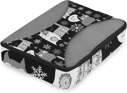 Seamless Retro Russian Cat Snowflakes on Black Happy New Year 4 Pcs Set Packing Bags, Luggage Organizer Bag, Portable Cube Toiletry Bag, Durable Travel Cosmetic Storage Bag for Men Women