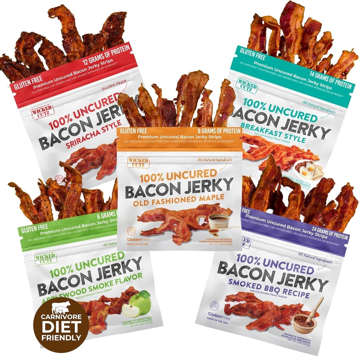 Bacon Jerky Variety Pack, Tender, Flavorful, Easy to Chew Bacon Jerky with up to 24G Protein per Bag, Gift Basket for Men, Unique Gifts for Men, Food Gifts (5 Bags) - WORLD TIME VISITS