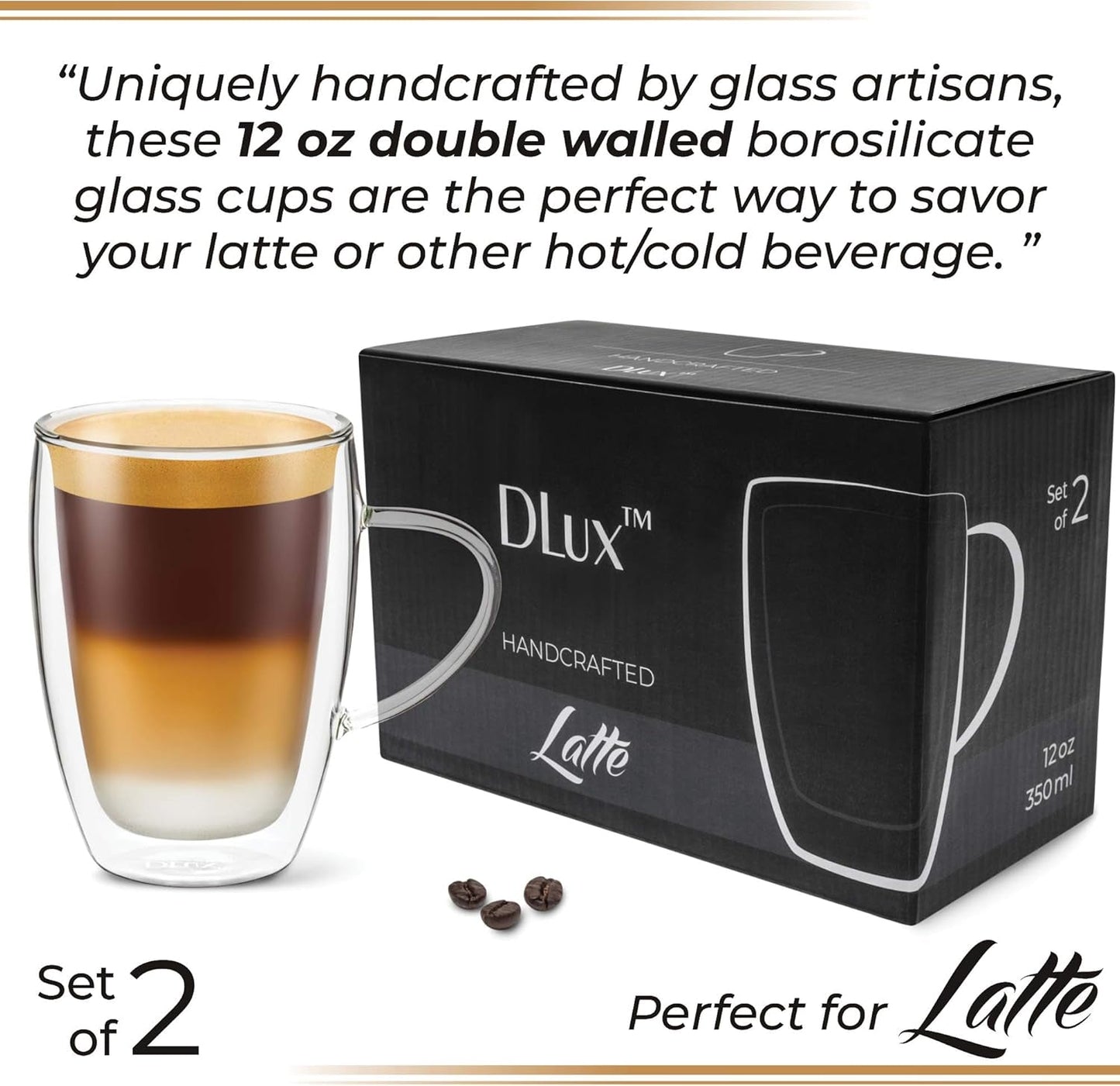 Coffee Mugs, 12Oz Latte Clear Glass Set of 2 Cups with Handles, Double Wall Insulated Borosilicate Glassware Cup - Wine, Tea Glasses