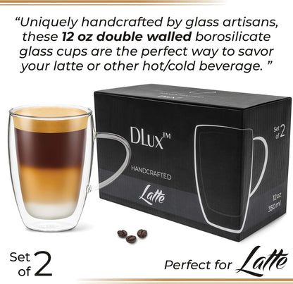 Coffee Mugs, 12Oz Latte Clear Glass Set of 2 Cups with Handles, Double Wall Insulated Borosilicate Glassware Cup - Wine, Tea Glasses