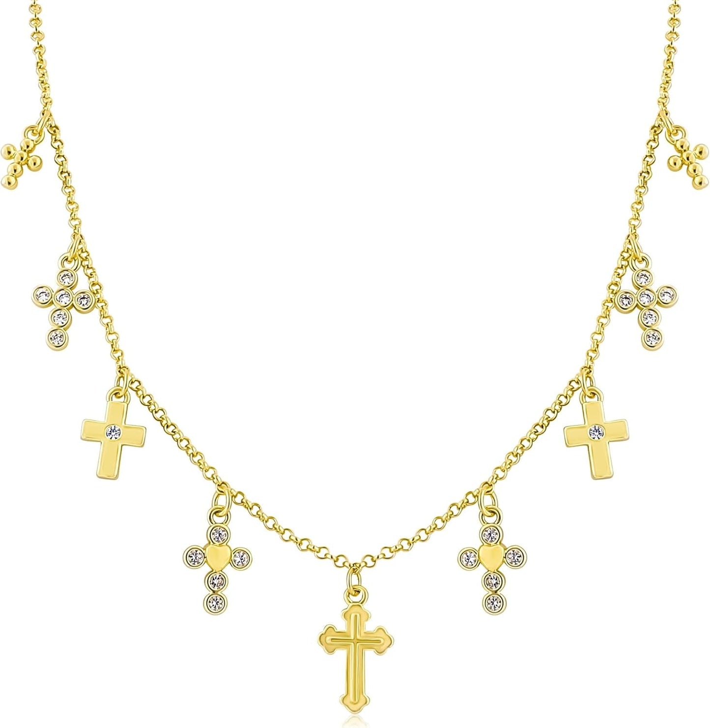 Gold Charm Necklace for Women 14K Gold Plated Cute Cubic Zirconia Rainbow Flower North Star Love Heart Cross Pendant Necklace Adjustable Chain Trendy Party Jewelry Gift for Women