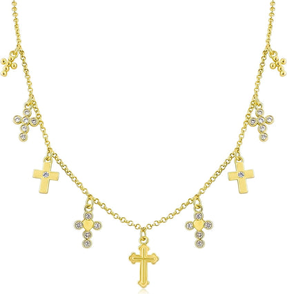 Gold Charm Necklace for Women 14K Gold Plated Cute Cubic Zirconia Rainbow Flower North Star Love Heart Cross Pendant Necklace Adjustable Chain Trendy Party Jewelry Gift for Women