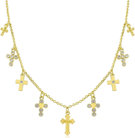 Gold Charm Necklace for Women 14K Gold Plated Cute Cubic Zirconia Rainbow Flower North Star Love Heart Cross Pendant Necklace Adjustable Chain Trendy Party Jewelry Gift for Women