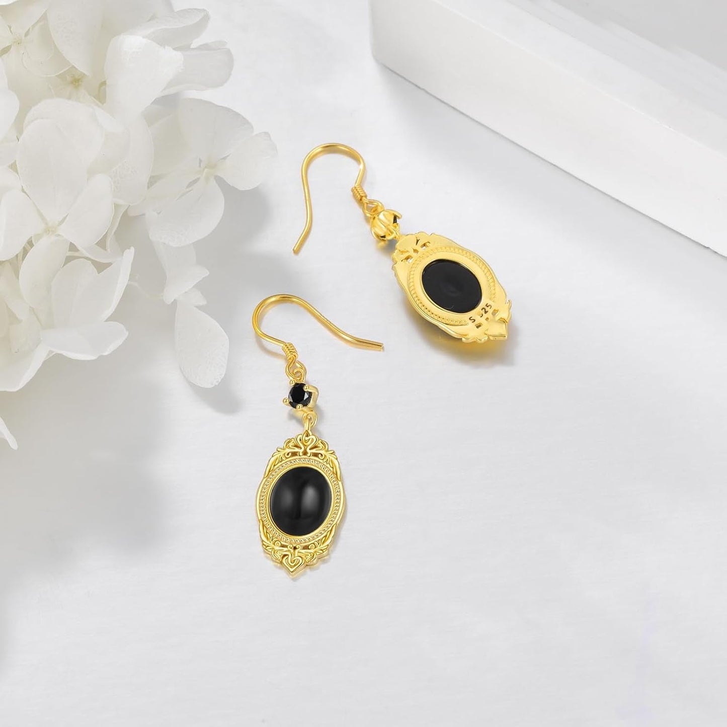 Black Onyx Earrings Sterling Silver Onyx Dangle Earrings Victorian Earrings Vintage Retro Style Earrings Onyx Jewelry Gifts for Women Girls