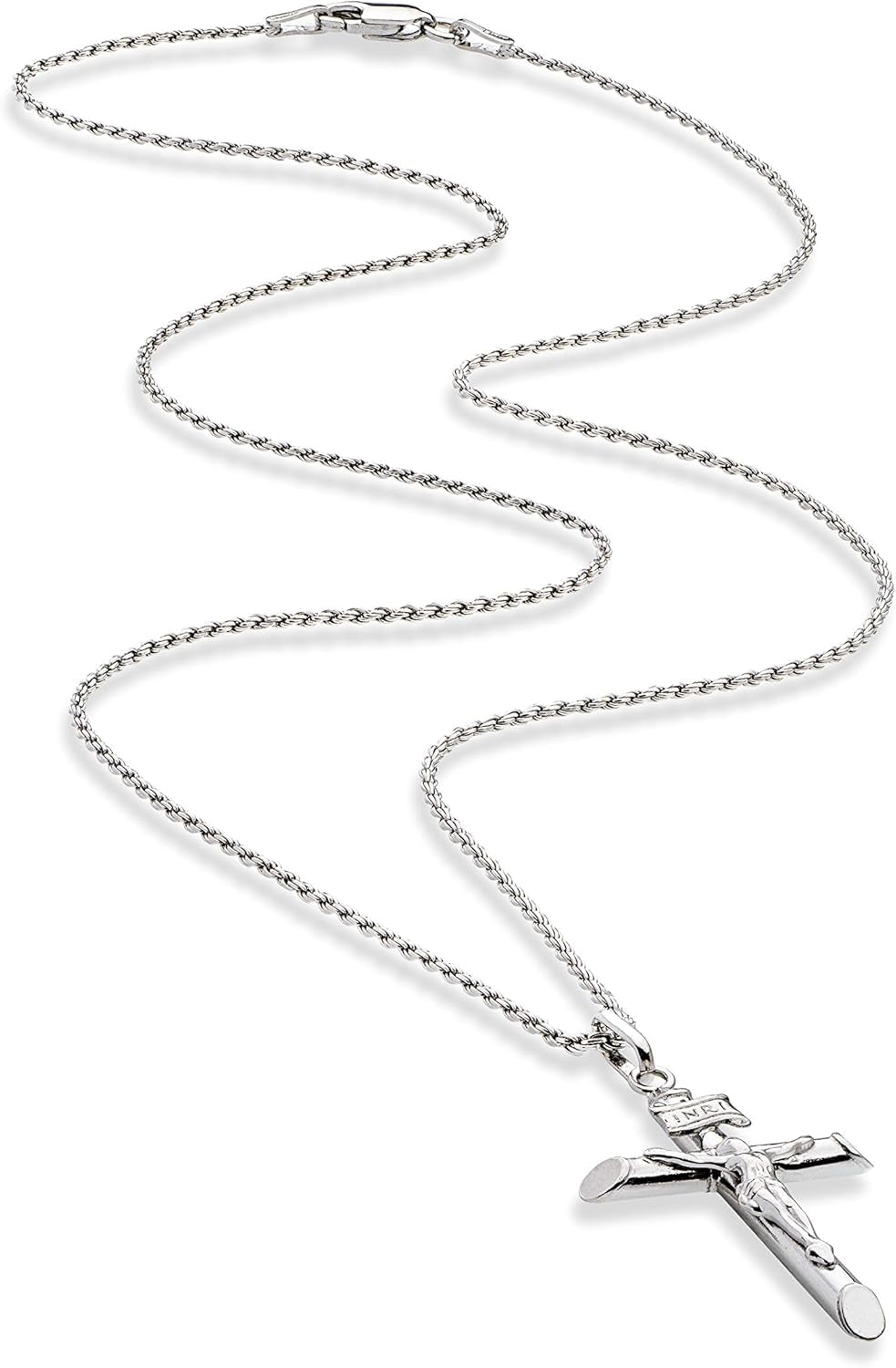 Rhodium Plated 925 Sterling Silver Small or Large Crucifix Necklace for Men Women, Cross Pendant with Rope Chain, Made in Italy - WORLD TIME VISITS