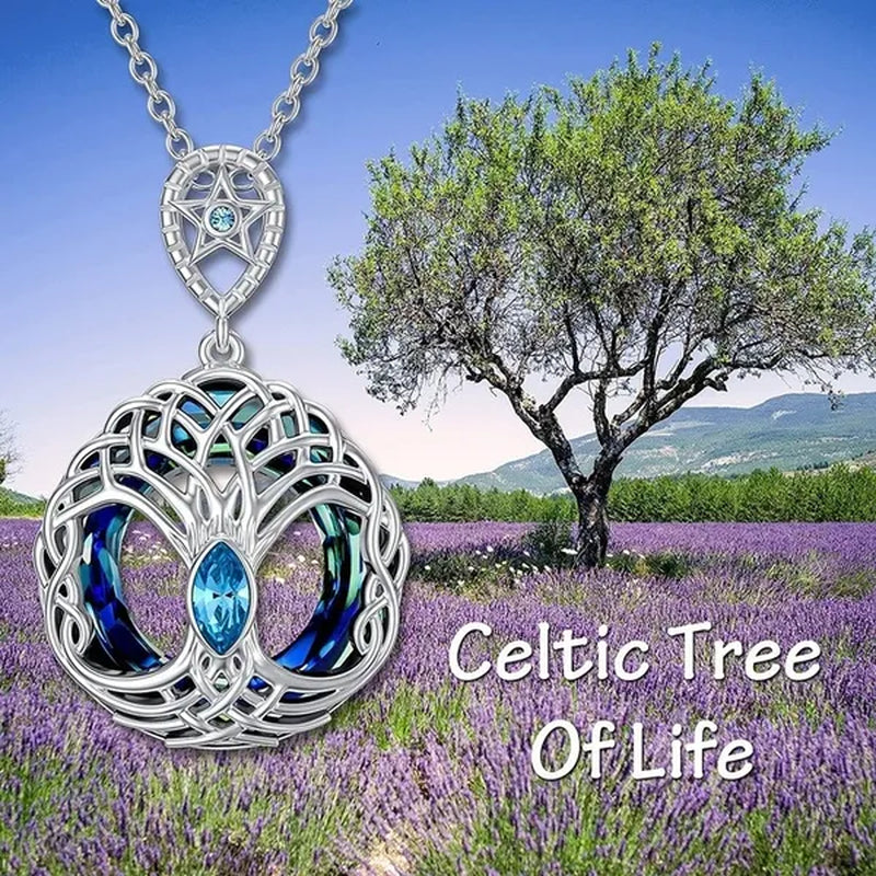 European and American Fashion Women Celtic Life Tree Crystal Pendant Necklace 925 Sterling Silver Star round Sapphire Necklace Anniversary Party Birthday Gifts for Daughte