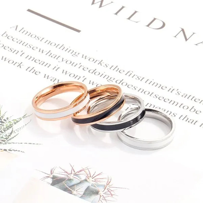 4Mm Stainless Steel Black/White Enamel Ring Wedding Band for Women Girl Size 3-10