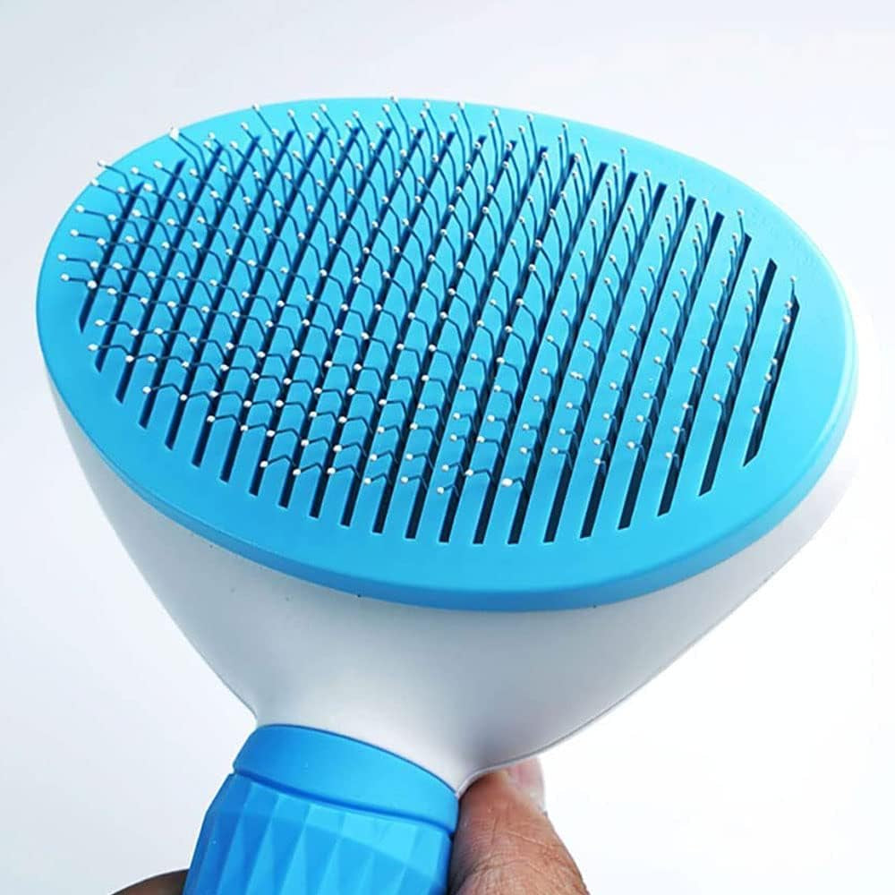 Self-Cleaning Slicker Brush for Pet Grooming, Smooth Handle with Cleaning Button for Cat and Dog Shedding, Massage and Detangling (Blue)