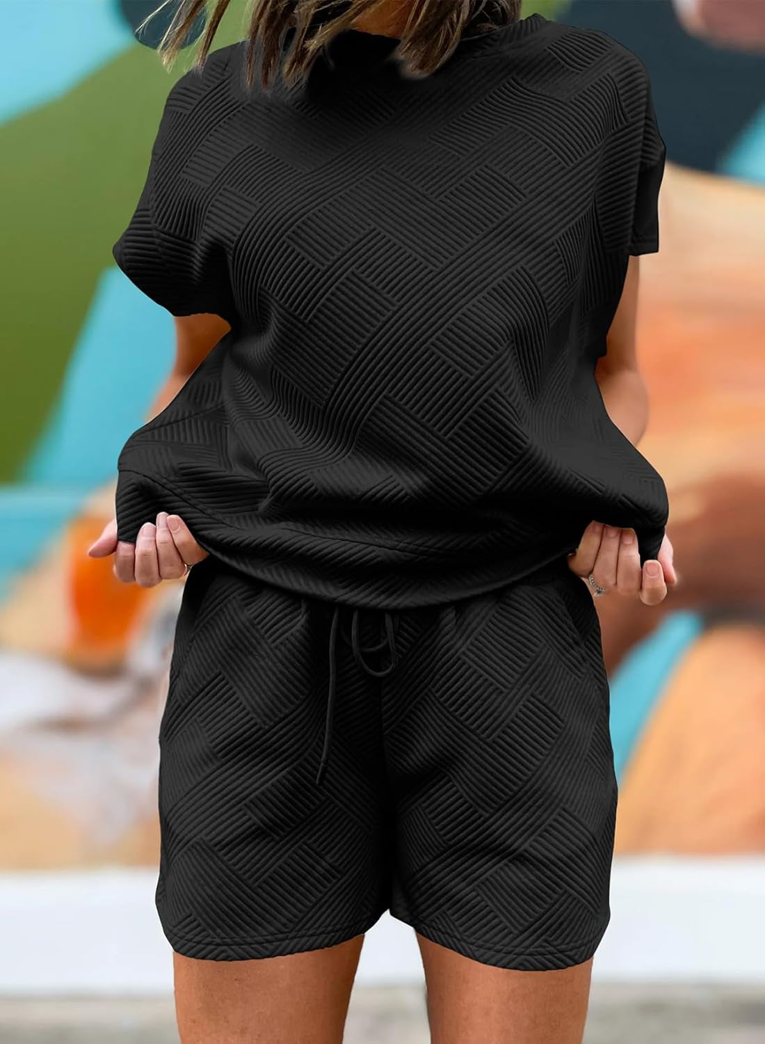 Women'S 2 Piece Outfits Sweatsuit Casual Short Sleeve Pullover Tops and Drawstring Shorts Pants Lounge Sets