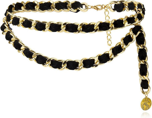Alloy Waist Chain Body Chain Weave Rope Winding Twist Chain for Women Waist Belt Pendant Belly Chain Adjustable Body Harness for Jeans Dresses - S Size – Black and Gold