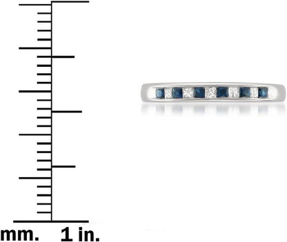 1/3 Carat Diamond, Channel-Set 14K White Gold Princess Cut Diamond and Blue Sapphire Wedding Band Ring (H-I, I1-I2) Natural Diamond Wedding Band for Women | Gift Box Included