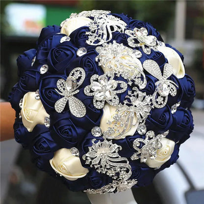 21CM Silver Rhinestone Bridal Hand Flowers Ribbon Wedding Hand Bouquet Mixed Color Silk Rose Diamond Brooch Bridesmaid Bouquet Wedding Supplies
