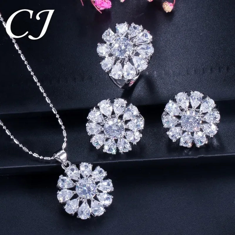 CANDICE BLUE Zirconia Stone Flower Stud Earrings Necklace Ring Fashion Sterling Silver Plated Jewelry for Christmas Party - WORLD TIME VISITS