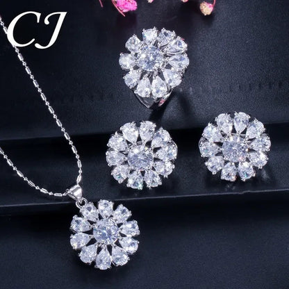 CANDICE BLUE Zirconia Stone Flower Stud Earrings Necklace Ring Fashion Sterling Silver Plated Jewelry for Christmas Party - WORLD TIME VISITS