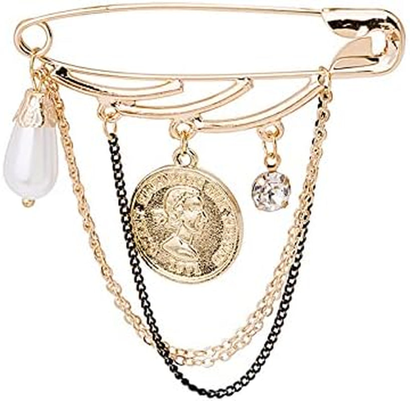 Paper Clip Long Chain Tassel Brooch Pin Waterdrop Pearl Crystal Dangle Lapel Pin Gold Coin Badge Brooch for Women Men Girls Sweater Shawl Clips Collar Pin - WORLD TIME VISITS