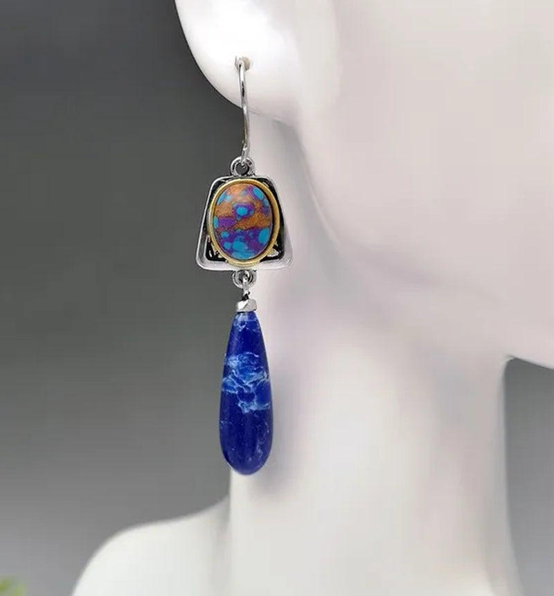 Earrings Bohemian Style Silver Plated Earrings Lapis Blue Stone Dangle Hook Earrings Wedding Engagement Earrings for Women