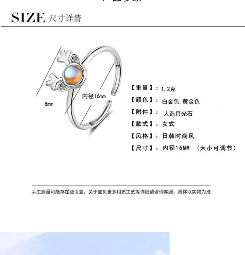 Korean Antler Ring 925 Sterling Silver Artificial Moonstone Rings for Women All with You Ring Adjustable Size