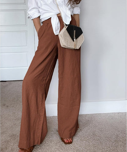 Womens Cotton Linen Palazzo Pants Drawstring Elastic Waist Casual Wide Leg Trousers with Pockets