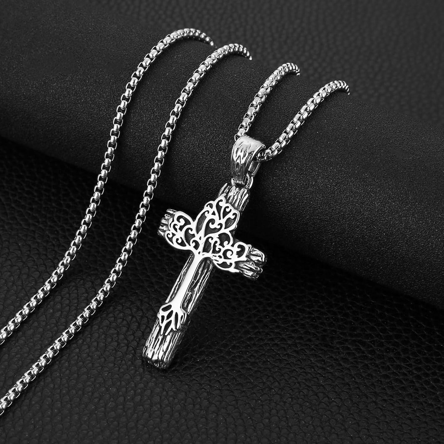 Retro Cross Necklace for Men Stainless Steel Tree of Life Cross Pendant Necklace Spiritual Belief Amulet Jewelry Gift