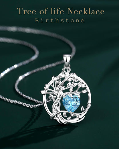 Tree of Life Birthstone Necklace Sterling Silver Pendant Birthstone Necklace Gemstone Anniversary Birthday Jewelry Christmas Gifts for Mom Her Wife