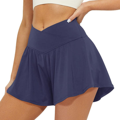 Crossover Athletic Shorts for Women 2 in 1 Flowy Running Shorts with Pockets Spandex Butterfly Workout Tennis Skorts