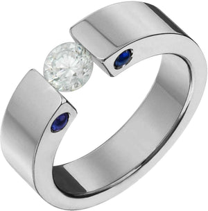 Ttitanium Diamond Ring with Blue Sapphire Tension Set 5Mm Wide Comfort Fit Wedding Band