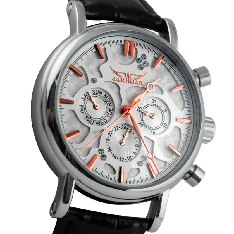 JARAGAR Automatic Mechanical Genuine Leather Strap Wrist Watch Luxury Gift for Men Fashion White Crystal Diamond Jewelry Accessories - WORLD TIME VISITS