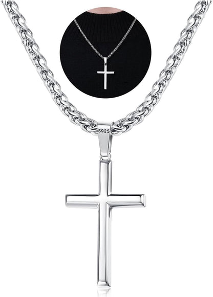 925 Sterling Silver Cross Necklace Men-Removable Silver Cross Pendant with Hypoallergenic 316L Stainless Steel Wheat Chain Crucifix Necklace Jewelry for Mens Women, 16-30 Inches