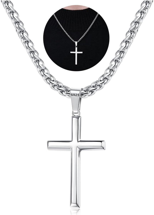 925 Sterling Silver Cross Necklace Men-Removable Silver Cross Pendant with Hypoallergenic 316L Stainless Steel Wheat Chain Crucifix Necklace Jewelry for Mens Women, 16-30 Inches