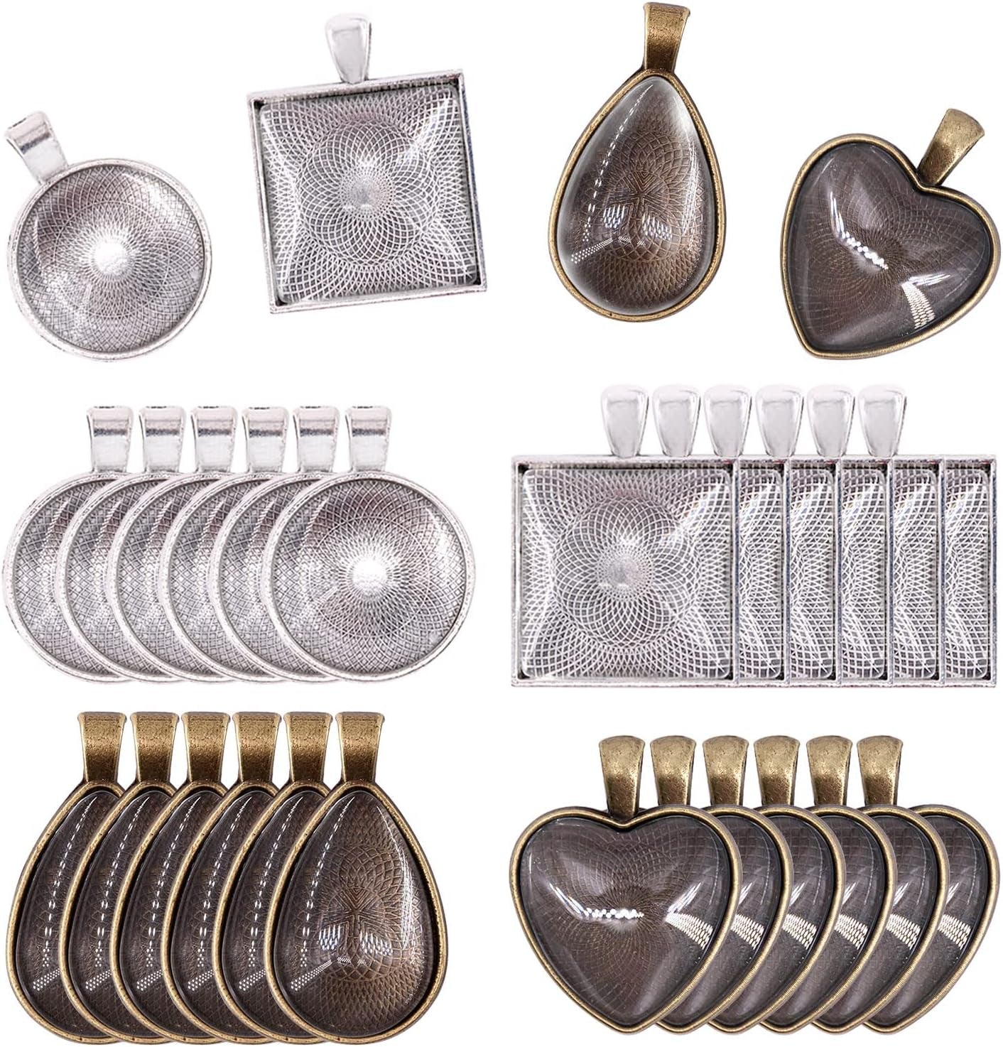48-Pieces 4 Styles Pendant Trays 24Pcs round & Square & Heart & Teardrop and 24Pcs Bright Glass Cabochon Dome Tiles for Crafting DIY Jewelry Gift Making