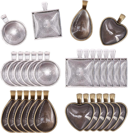48-Pieces 4 Styles Pendant Trays 24Pcs round & Square & Heart & Teardrop and 24Pcs Bright Glass Cabochon Dome Tiles for Crafting DIY Jewelry Gift Making