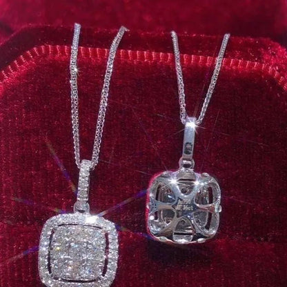 Necklace Earring Jewelry 925 Silver Micro Pave Diamond Square Pendant Necklace for Women Bridal Wedding Clavicle Necklace