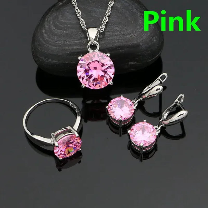 925 Sterling Silver Jewelry Sets Green Emerald Earrings Ring Pendant Neckalce round Jewelry Women Accessories