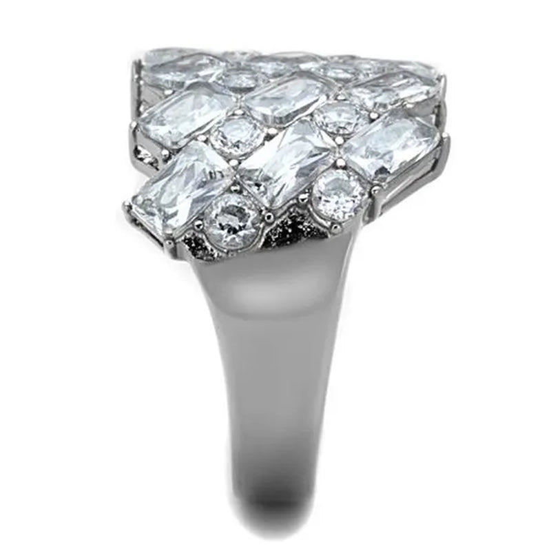 Stunning Silver Stainless Steel Wide Band Zirconia Fashion Ring Women'S Size 5-10