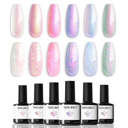Pearl Gel Nail Polish Set, 6 Colors Aurora Iridescent Shimmer White Pink Purple Mermaid Nail Drawing Gel Polish Soak off Led Glitter Nail Polish Swirl Shell Thread Effect DIY Gift