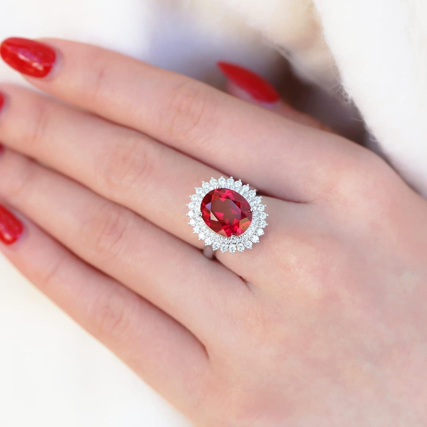 925 Sterling Silver Created Ruby Red Gemstone Index and Mid Finger Cocktail Vintage Ring for Women Oval Shape