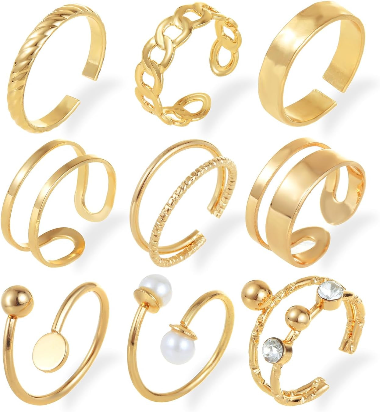 9Pcs Gold Adjustable Rings for Women Stackable Knuckle Ring Set with Pearl Exquisite Simple Fashion Jewelry for Thumb and Knuckles Adjustable Size in Pink Box - WORLD TIME VISITS