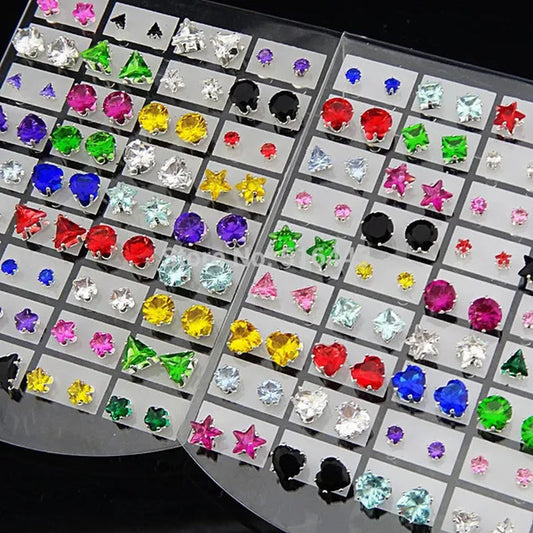 72Pcs (3M-7M)Mix Heart Stars round Square Cubic Zirconia Stainless Steel Fashion Stud Earrings for Womens Mens Wholesale Jewelry Lots A331