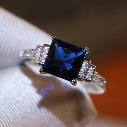 Fashion Jewelry Gemstone 925 Sterling Silver Diamond Cut Square Sapphire Ring Women Size：5-10 - WORLD TIME VISITS