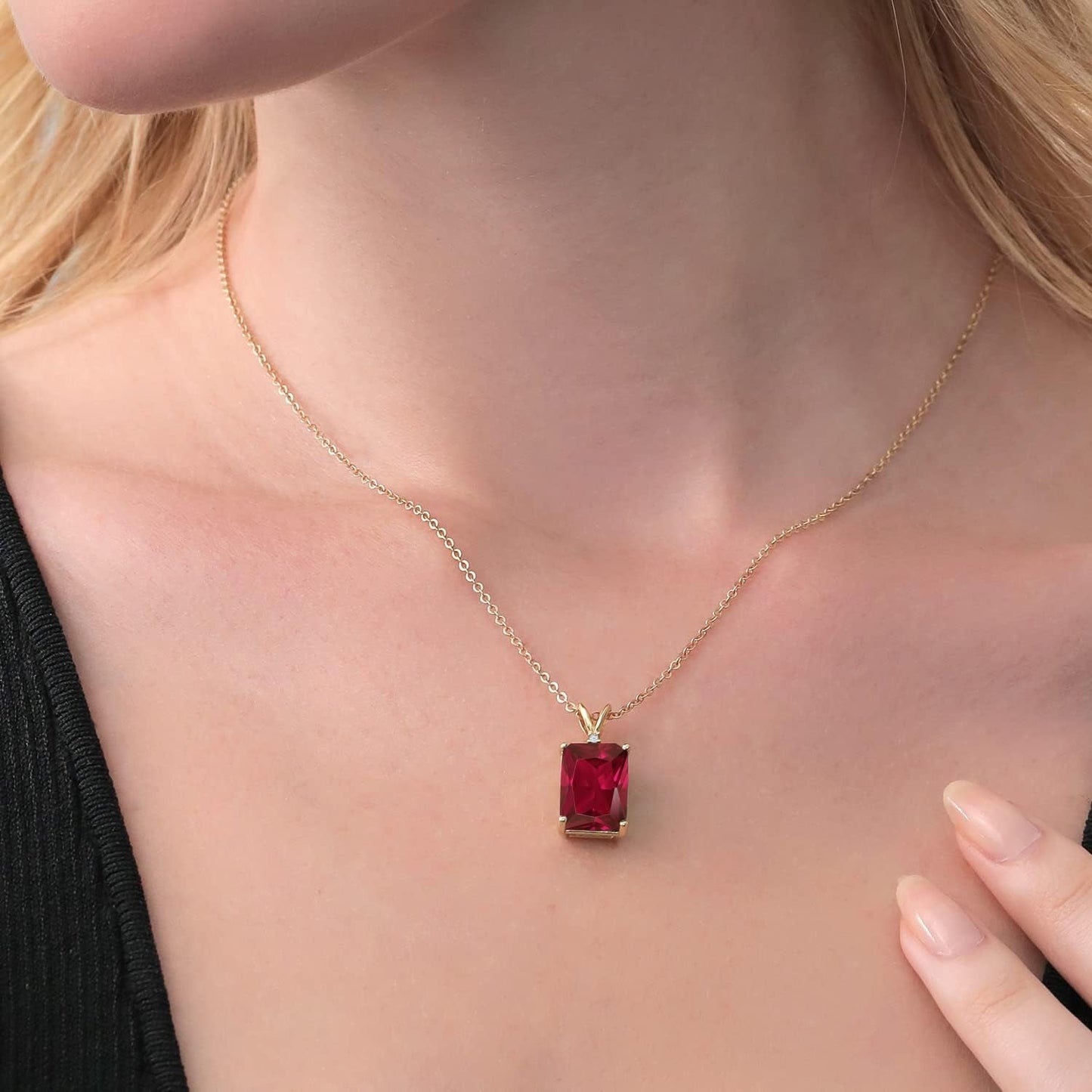 18K Yellow Gold Plated Silver Red Created Ruby Pendant Necklace for Women (5.02 Cttw, Gemstone July Birthstone, Emerald Cut 14X10MM, with 18 Inch Silver Chain)