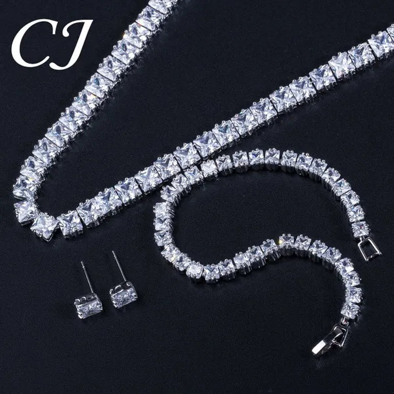 CANDICE Platinum Plating Elegant Party Jewelry Set Pave Glittering Princess Cut Pure Zirconia Choker Necklace Earrings and Bracelet for Women Wedding Gift