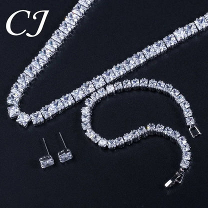 CANDICE Platinum Plating Elegant Party Jewelry Set Pave Glittering Princess Cut Pure Zirconia Choker Necklace Earrings and Bracelet for Women Wedding Gift
