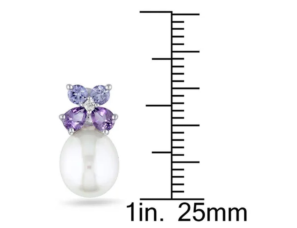 White Freshwater Cultured Pearl  8-8.5mm with Diamond, Tanzanite and Amethyst Stud Earrings In Sterling Silver