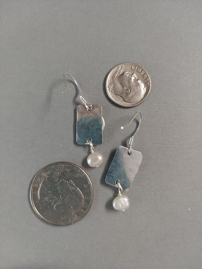 Handmade Lightweight Silvertone Sapphire Blue and White Pearl Rectangle Drop Womens Earrings