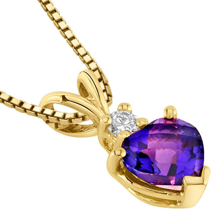 14K Yellow Gold Amethyst with Diamond Pendant for Women, Genuine Gemstone, Heart Shape Solitaire, 6Mm, 0.75 Carat Total, Real Amethyst Necklace, February Birthstone Necklace, W/Jewelry Box