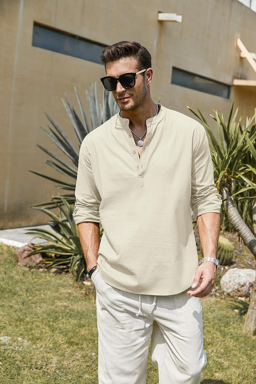 Men'S Cotton Linen Henley T-Shirts Long Sleeve Hippie Casual Beach T-Shirts